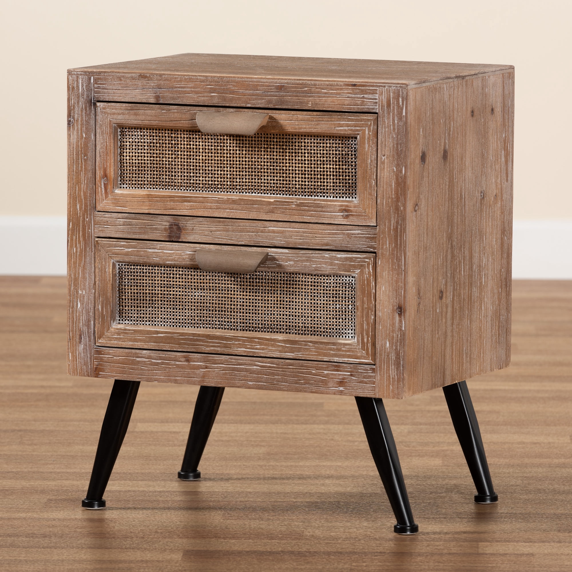 Baxton Studio Calida Mid-Century Modern Whitewashed Natural Brown Finished Wood and Rattan 2-Drawer End Table