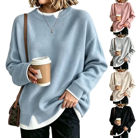 Dwellite Knit Sweater for Women Crew Neck Oversized Pullover Long Sleeve Tops Relaxed Warm Winter Holiday Tops 2026 Fall Fashion 2026 Beige XL