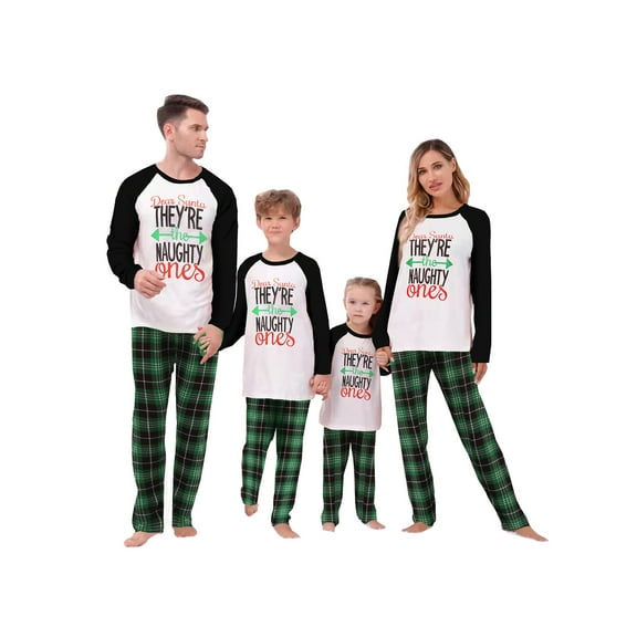 Christmas Letter Contrast Top and Plaid Pants Family Matching Pajamas,Unisex,Sizes Baby-Kids-Adult,2-Piece