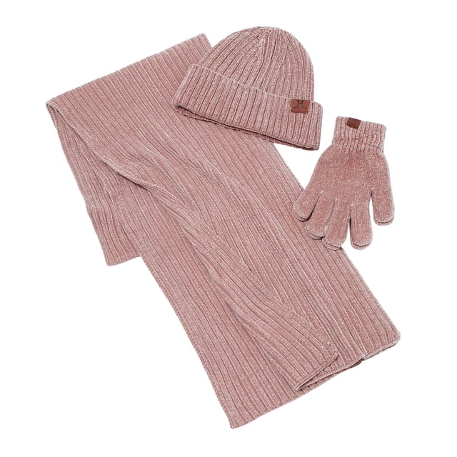 TBWNWG Couples Winter Warm Scarf Hat and Gloves Three Piece Set - Solid Color Ribbed Knitted Woolen Accessory,Sizes One Size