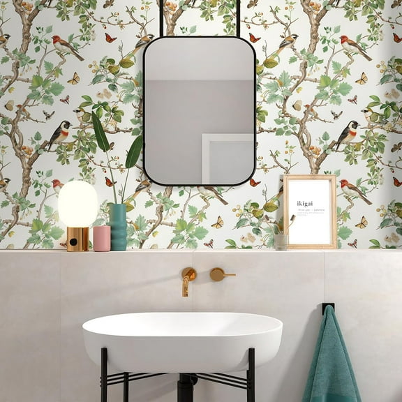 Vintage Peel and Stick Wallpaper Floral Birds Contact Paper 16.9inch x 196.8inch Butterflies Leaf Wallpaper Peel and Stick Adhesive Removable Wallpaper for Bathroom Walls Decor