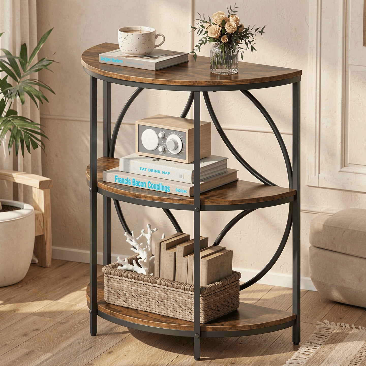 Furnibear 3-Tier Half Round End Table with Sturdy Metal Frame for Living Room, Rustic Brown