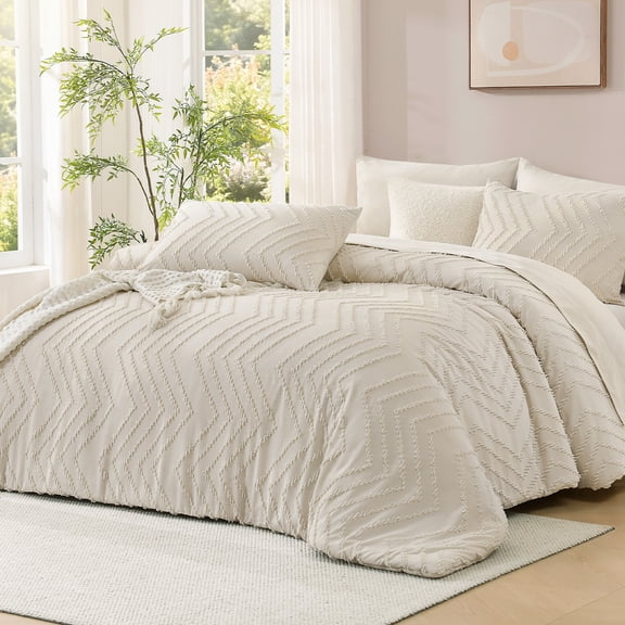 ANGENIA King Size Comforter Sets Beige - 7 Pieces Bed in a Bag King Bohemian Cream Soft Fluffy Chevron Elegant Tufted All Season Bed Sets with Comforter, Sheets, Pillowcases & Shams
