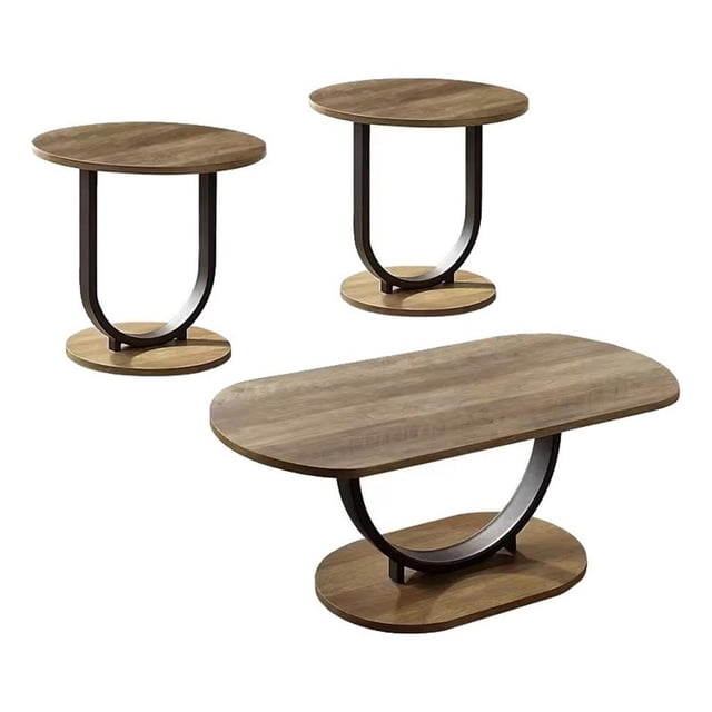 Obin Ensemble de 3 Pcs Table Basse et Bout de Canapé - MDF Brun - Base en Acier en Forme de U Noire