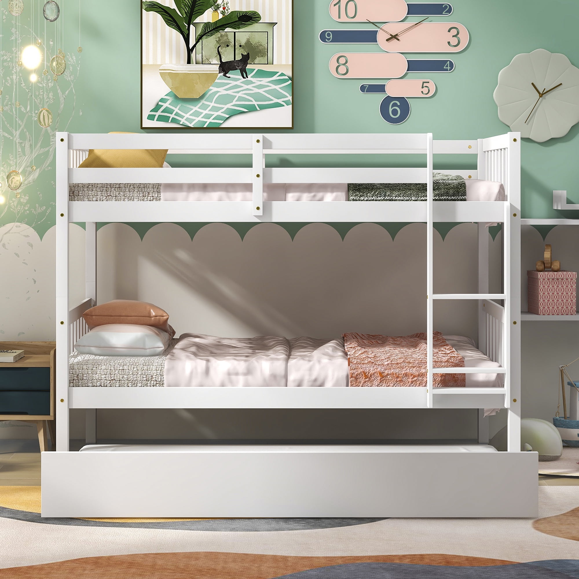 Resenkos Twin Over Twin Bunk Beds with Trundle, Solid Wood Trundle Bed Frame with Safety Rail and Ladder,White Resenkos Twin Over Twin Bunk Beds with Trundle, Solid Wood Trundle Bed Frame with Safety Rail and Ladder,White