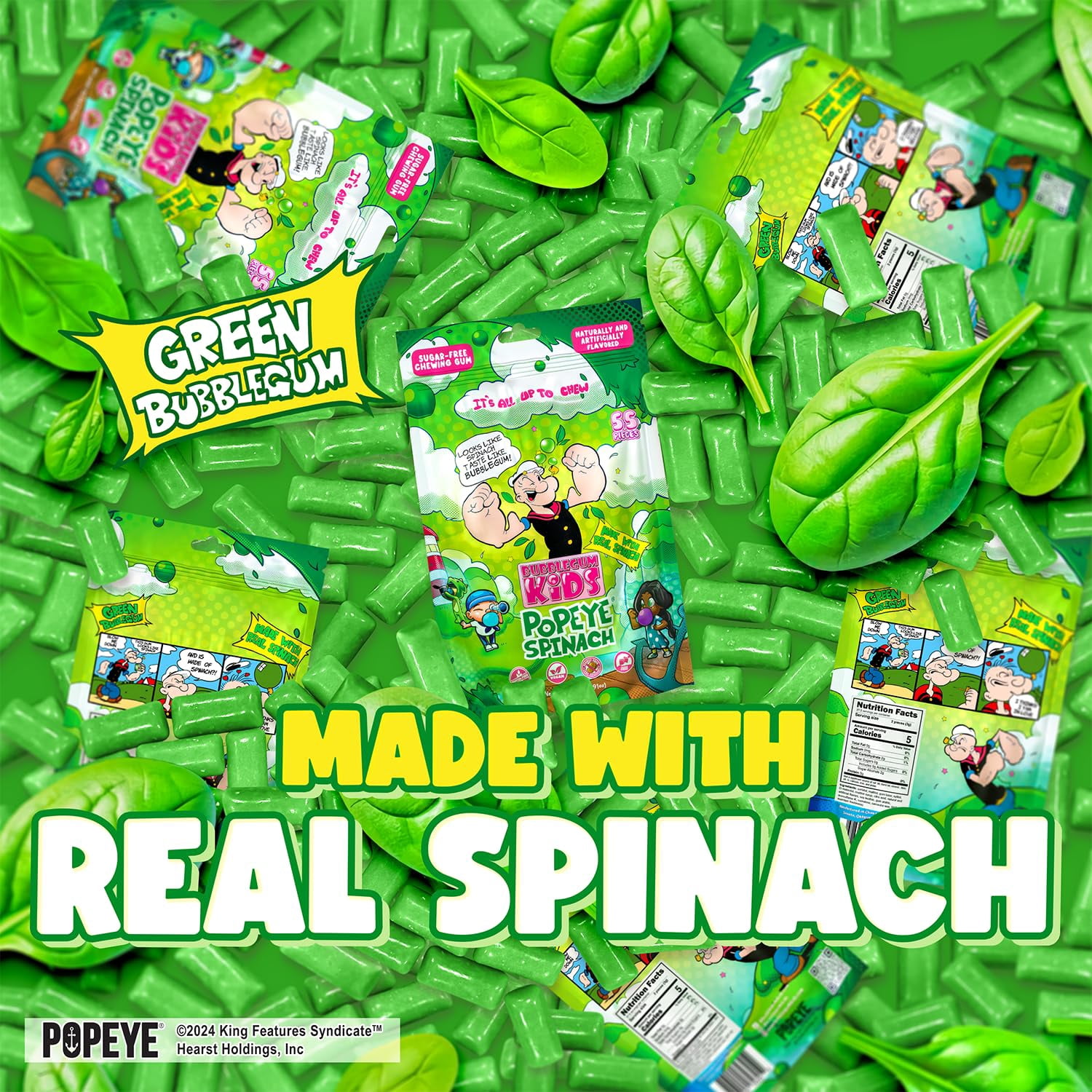 Bubblegum Kids Popeye’s Spinach Sugar Free Gum with Xylitol, Low Calorie Chewing Gum, Topical Fruit Flavor, 10-Pack (55 Count/Pack)