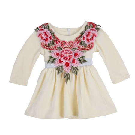 

Infant Dresses Newborn Baby Girls Plush Crochet Embroidered 3D Flower Dress Long Sleeve Fancy Princess Dresses Party 0-2Y