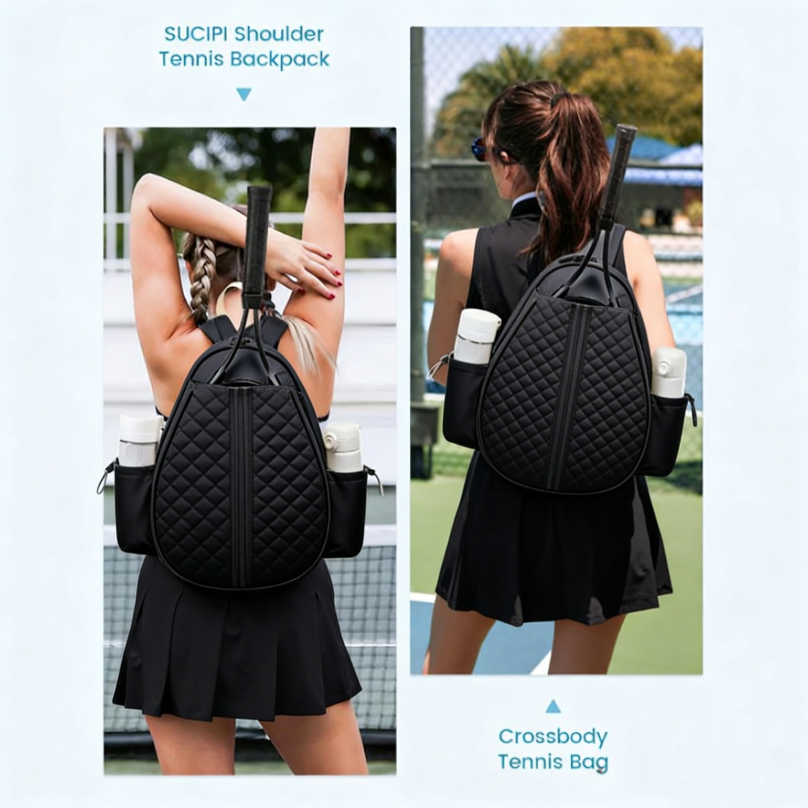 Yucurem Tennis Bag with Bottle Pockets, Quilted Tennis Sling Crossbody Backpack, Sport Storage Bag Suitable for Pickleball Badminton