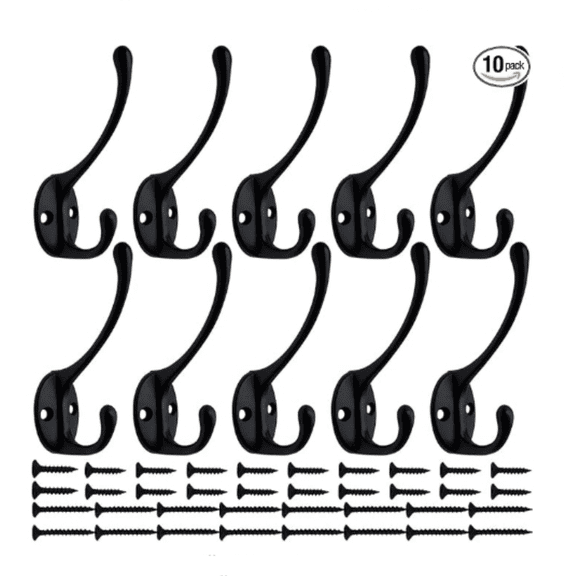 10 Pack Heavy Duty Dual Coat Hooks Wall Mounted with 40 Screws Retro Double Hooks Utility Black No Rust Hooks for Coat, Scarf, Bag, Towel, Key, Cap, Cup, Hat (Black)