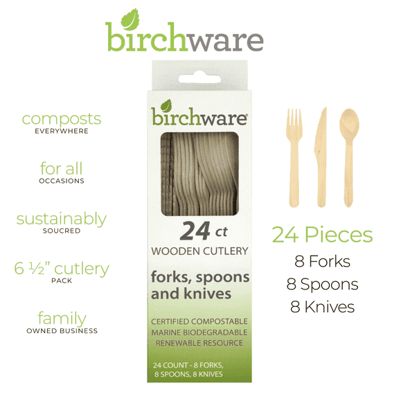 Birchware Compostable Wooden Disposable Utensil Cutlery 24 Piece pack
