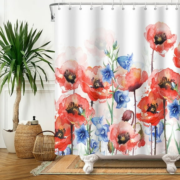 SUNOLIFE Red Floral Shower Curtain Watercolor Flowers Waterproof Fabric Bathroom Curtain 72x72 in
