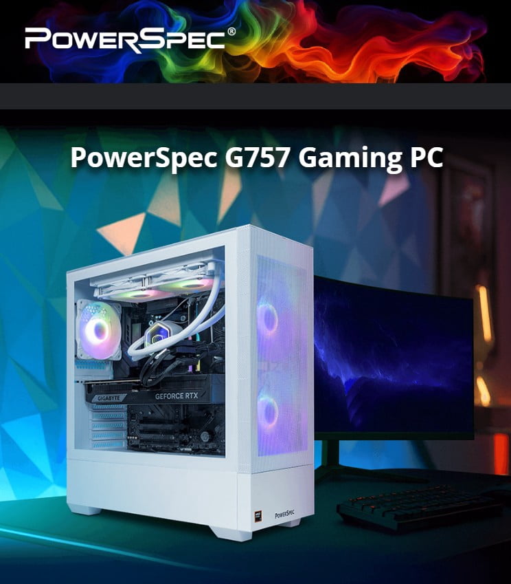 PowerSpec G757 Gaming PC AMD Ryzen 7 9800X3D 4.7GHz Processor, NVIDIA GeForce RTX 5080 16GB GDDR7, 32GB DDR5-6000 RAM, 2TB NVMe, WiFi 6 (802.11ax), Bluetooth 5.3, Liquid Cooling, Windows 11 Home