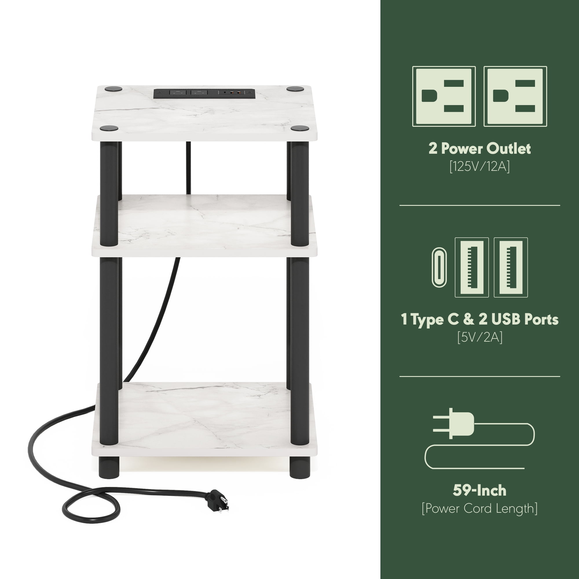 Furinno Just 3-Tier Turn-N-Tube USB and Type-C Charging Port End Table with Open Storage, Marble White/Black
