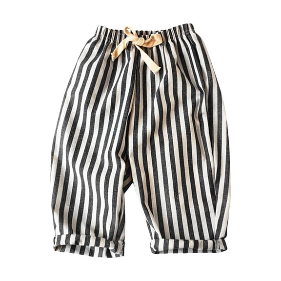 Duqingm Toddler Girl Boy Cotton Linen Pants Striped Wide Leg Casual Pant Elastic Waist Fall Trousers Kids Loose Long Pants (Black,3-4 Years)