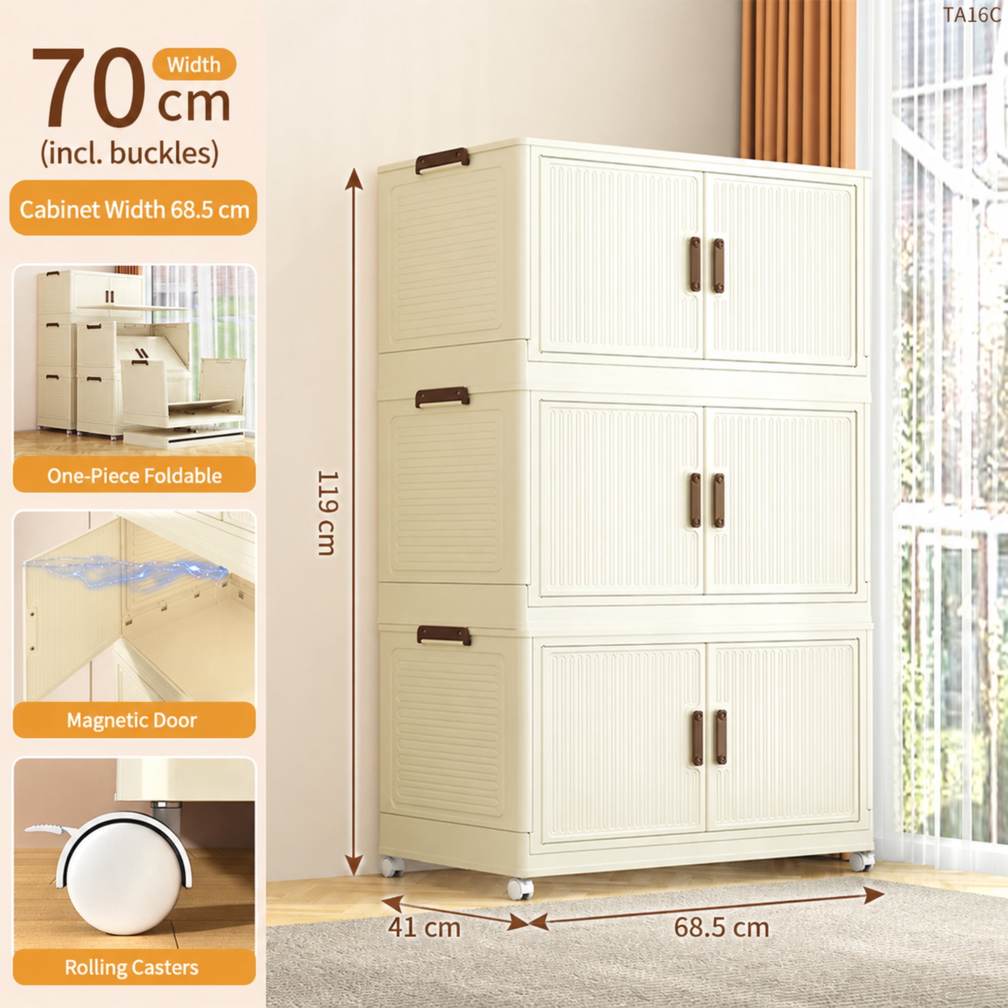 1 Tier Large Foldable Storage Cabinet with Wheels, Stackable Organizer Box for Kitchen Bathroom Bedroom Garage