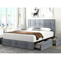 Amolife Queen Size Platform Bed Frame with Headboard and 4 Storage Drawers, Button Tufted Style, Light Grey, Mattress Not Included