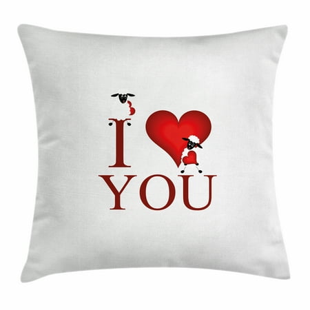 Large Throw Pillow Covers I Love You Throw Pillow Cushion Cover, Comic Style Illustration Large Red Heart Shape with Text and a Pair of Sheep, Decorative Square Accent Pillow Case, 16 X 16 Inches, Red White, by Ambesonne ()