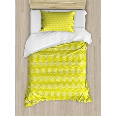 Abstract Duvet Cover Set Twin Size, Illustration of Round Elements with Spikes Geometric Details Summer Tones, Decorative 2 Piece Bedding Set with 1 Pillow Sham, Avocado Green White, by Ambesonne