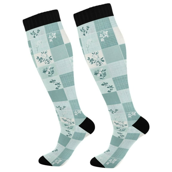 Haosy Compression Socks for Men Women Knee High Running Socks for Nurse Hiking Recovery Travel Athletic 2 Pairs Vintage Floral and Gingham