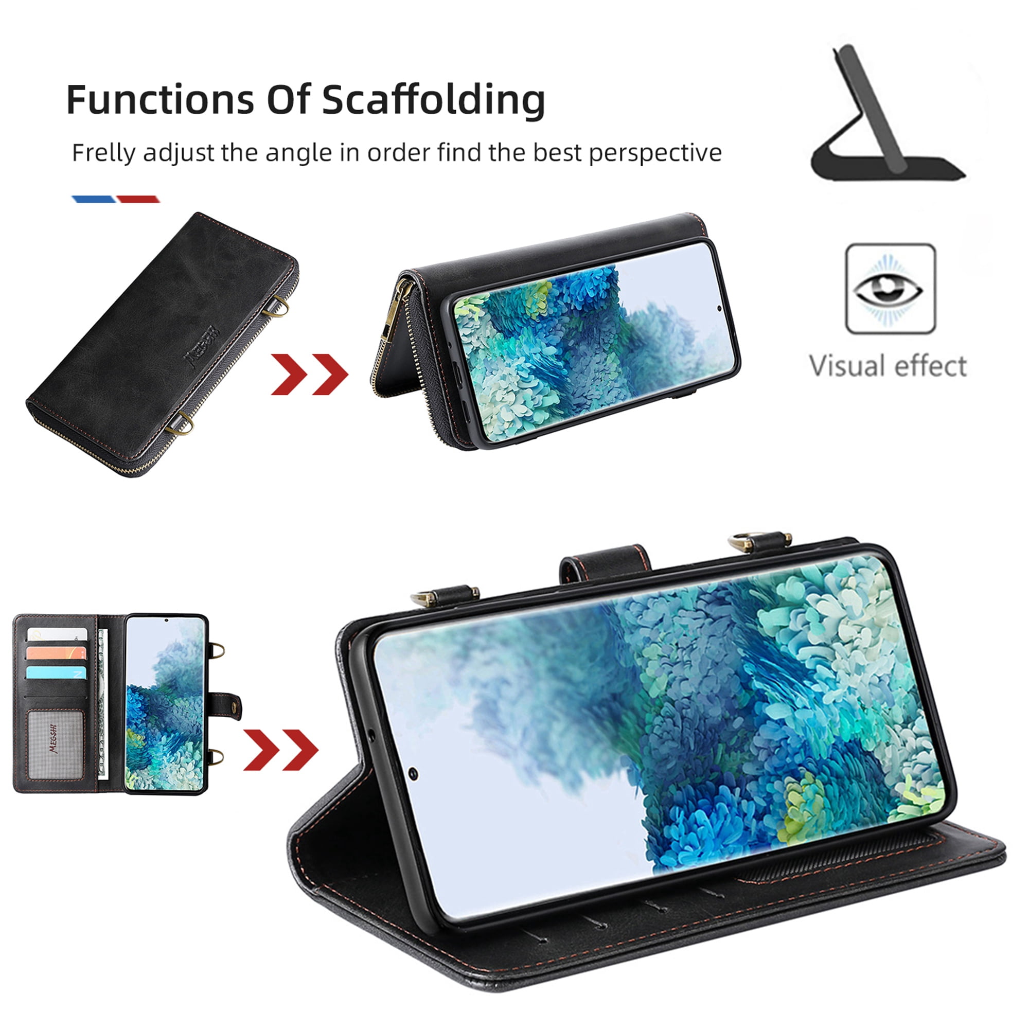 Samsung Galaxy S20 FE 5G Wallet Case, Dteck 2 in 1 Magnetic Detachable Wallet Purse [Crossbody Chain] Durable PU Leather Zipper Handbag Folio Flip Card Slot Protection Back Cover, Black