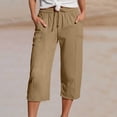 thumbnail image 2 of UVEASISHA Capri Pants for Women High Waisted Drawstring Cropped Pants Summer Casual Beach Capris Loose Fit Straight Leg Trousers with Pockets Pantalones de verano para mujer Khaki XXL, 2 of 7
