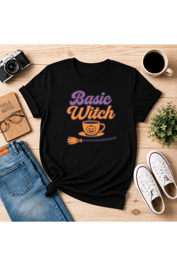 Basic Witch Halloween Coffee Jack-o-lantern Broom T-Shirt N2114, S-5XL