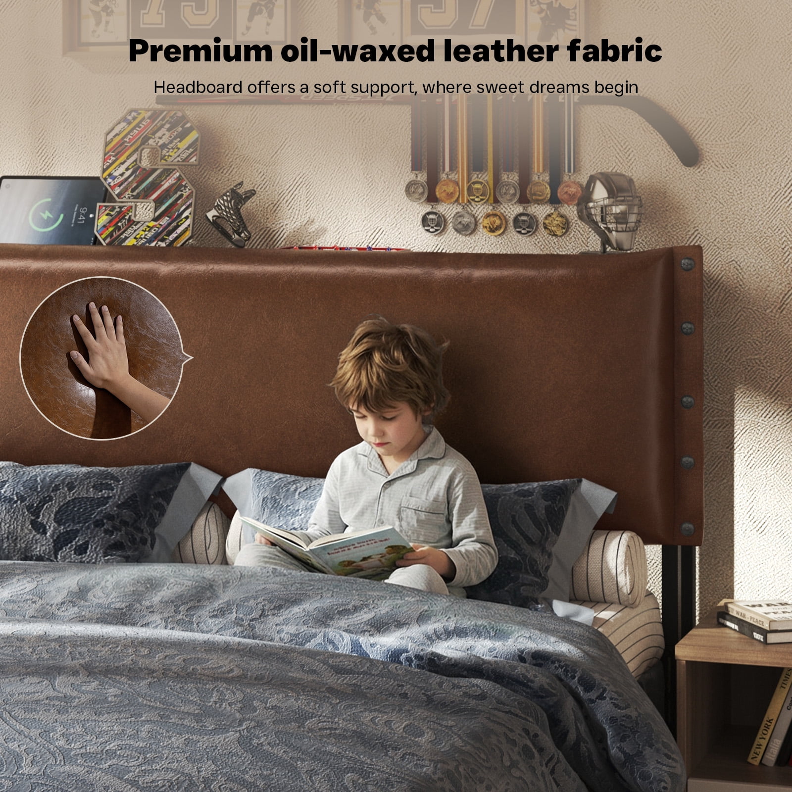 Patbrela Headboard Full Size, Luxury Oil-Waxed Leather Upholstered Headboard with Adjustable Height Headboard from 42.1" to 46.1", Brown