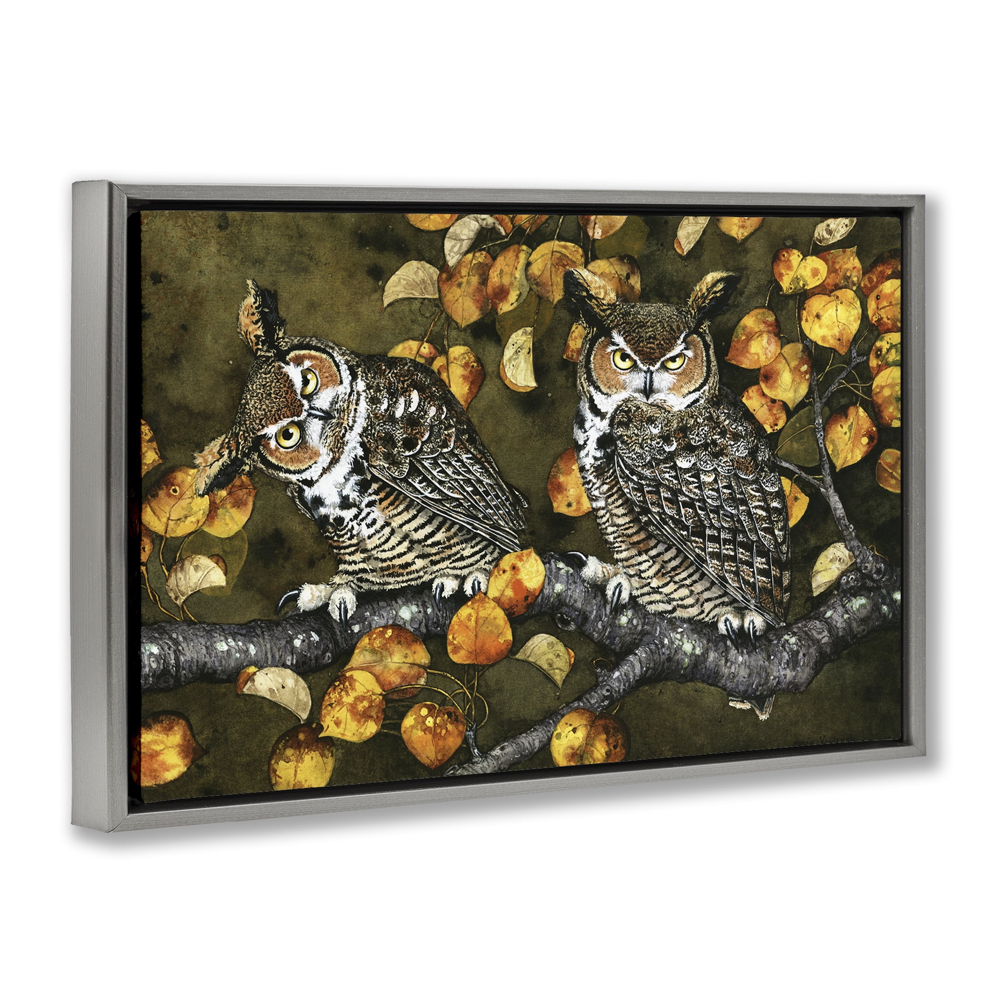 Stupell Industries Inquisitor Owls Autumn Branch Animals & Insects Painting Gray Floater Framed Canvas Art Print Wall Art, 31 x 21