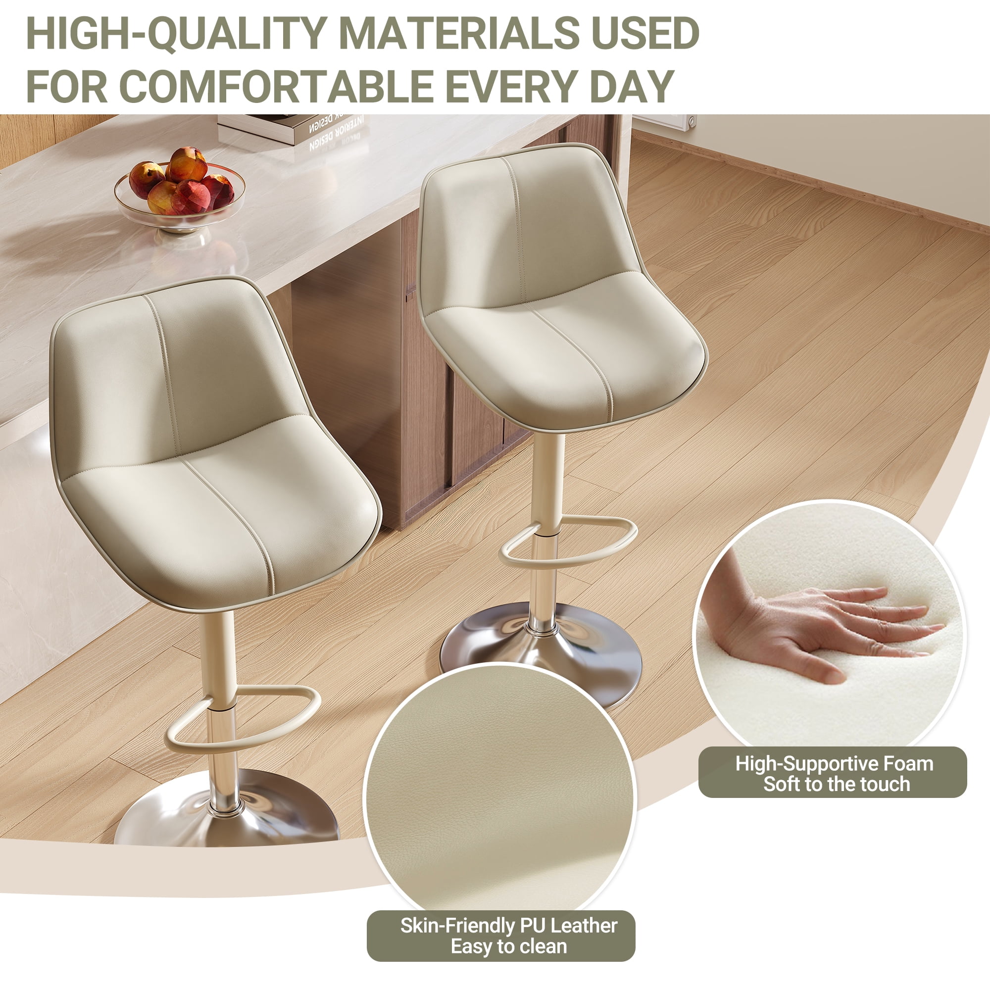 EOP Upholstered Bar Stools Set of 6, Adjustable Swivel Counter Height Bar Chairs with Backrest, Modern PU Leather Counter Stools for Bar, Kitchen, Dining Room, Beige