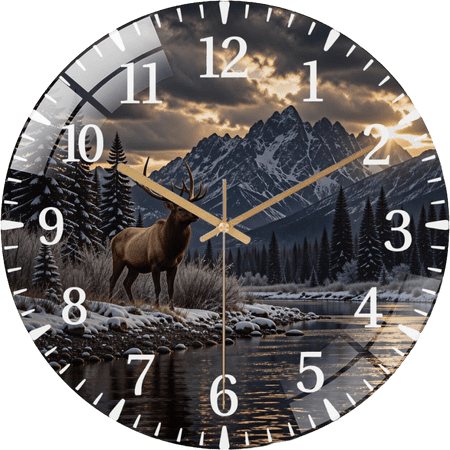 12 Inch Majestic Winter Elk Mountain River Landscape Decor Glass Wall Clock for Wall Decor , Office Room, Living Room Style 12×12inch(30×30cm)