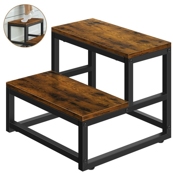 Wood and Metal 2 Step Stool for Adults & Kids – Heavy Duty Step Stools, 500 Lbs Capacity Non-Slip Stepping Stool for High Beds, Kitchen, Bathroom, Closet, Durable Foot Stool for Home Use Brown