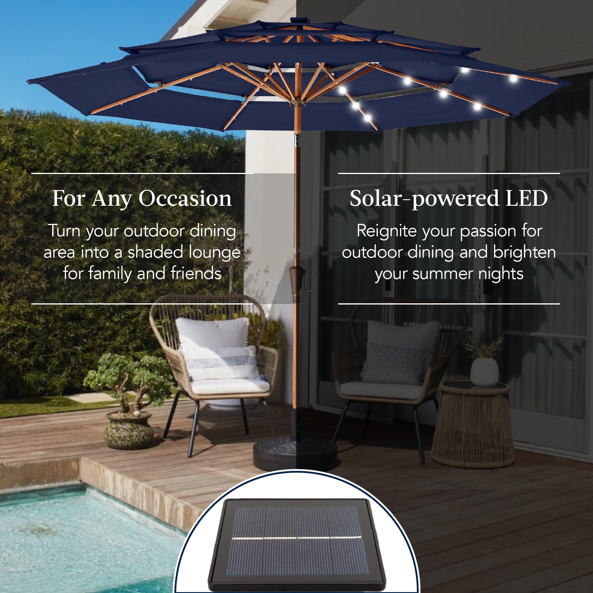 Best Choice Products Woodgrain Pattern 10ft 3-Tier Solar Patio Umbrella w/ 24 LED Lights, Tilt - Navy Blue