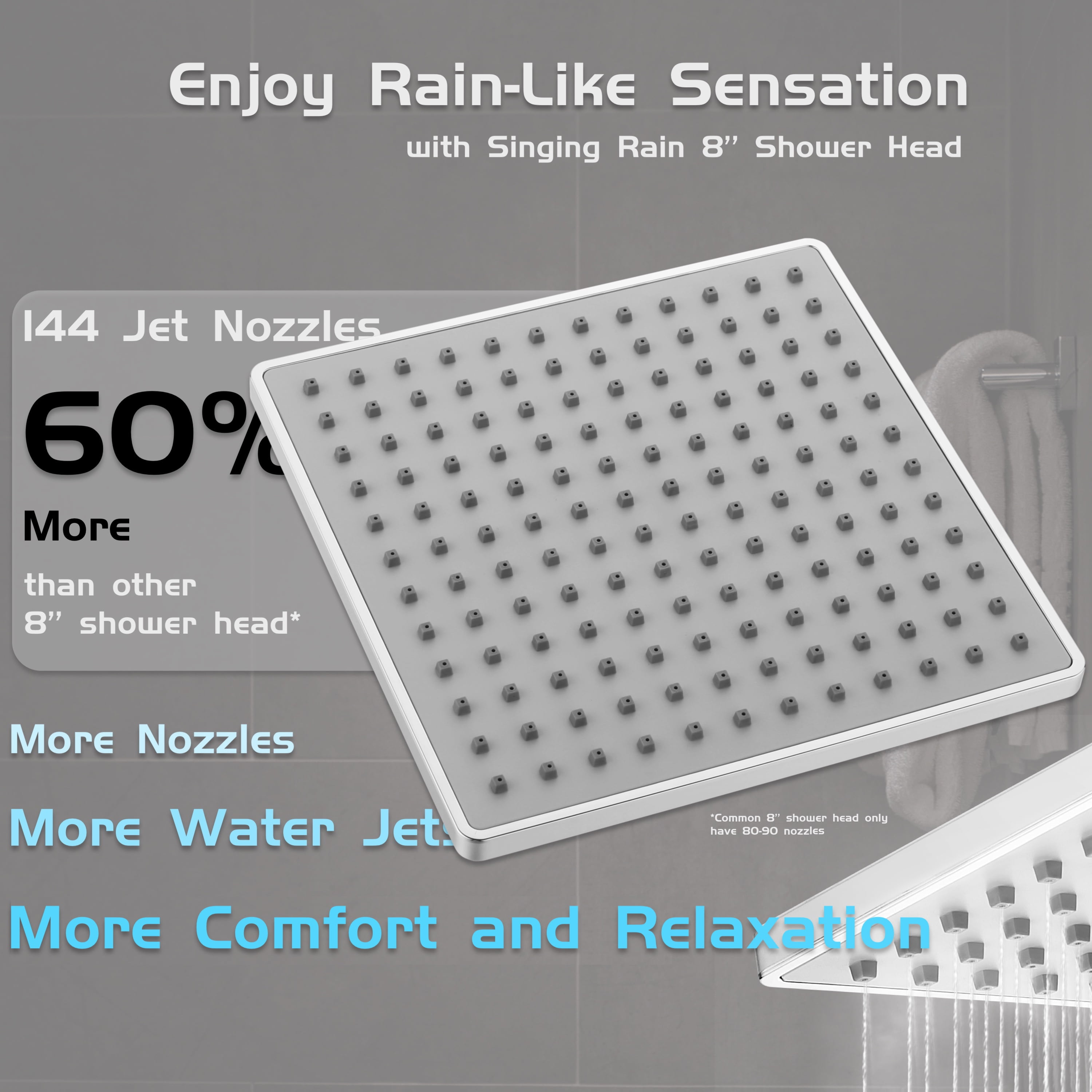 Rain Shower Head, 8'' High Pressure Rainfall Square Showerhead with 11'' Shower Head Extension Arm, Brass Adjustable Shower Arm Extender, Rainfall Waterfall Fixed Showerheads, Chrome