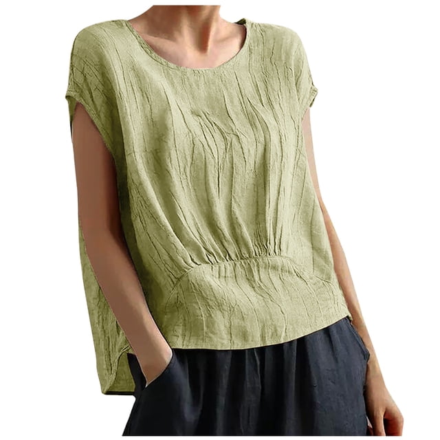 cfhntfmh Hauts d'Été pour Femmes Tendance à Manches Courtes Col Rond Blouses Basiques Confortables Couleur Unie T-Shirts Décontractés 2025