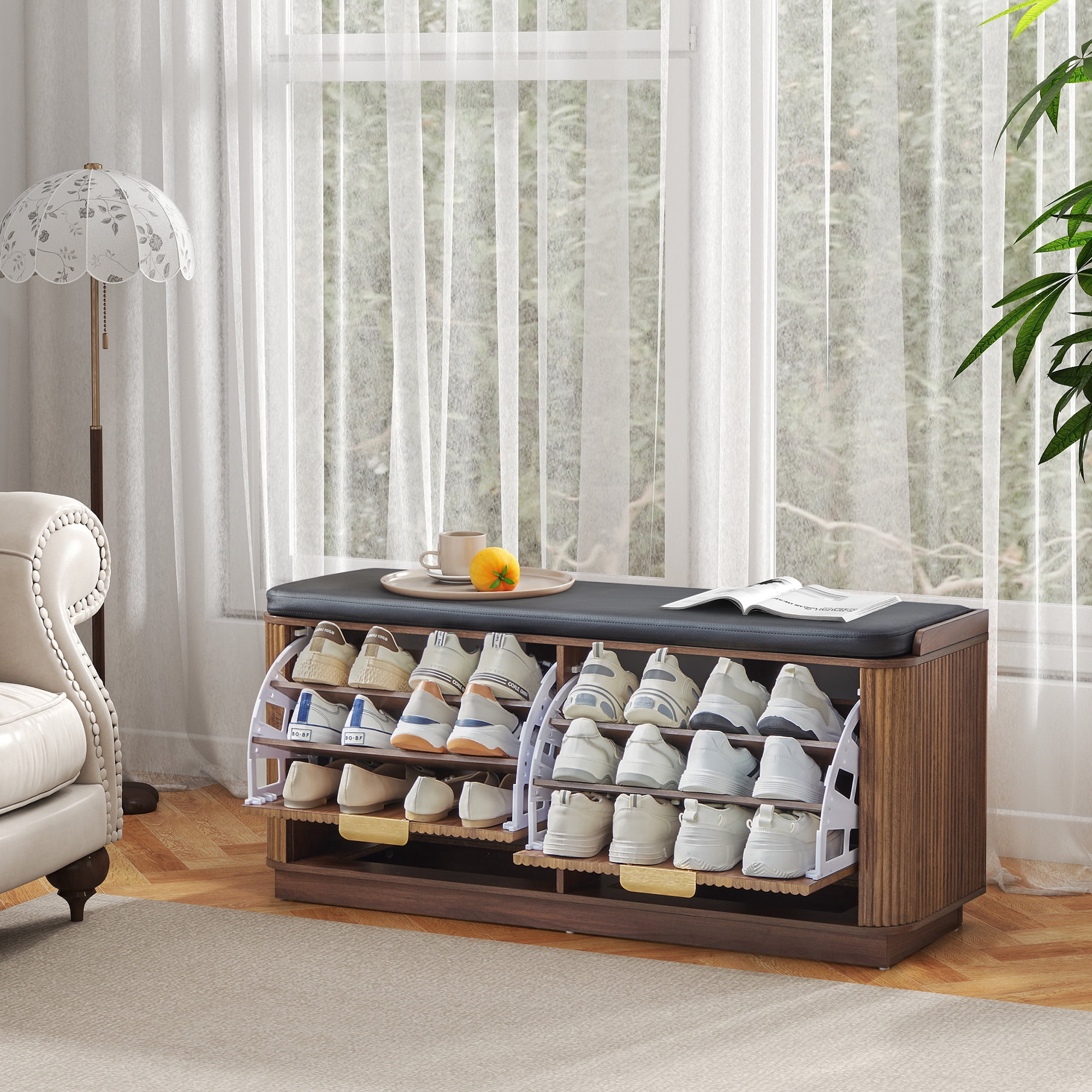 Wirrytor Fluted Shoe Storage Bench with Cushion and 2 Flip Drawers, 3-Tier Wooden Entryway Bench Shoe Organizer for Hallway Bedroom, Natural Wood