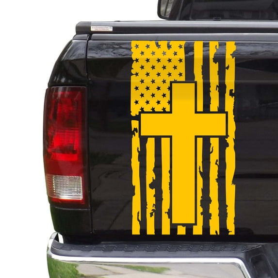 Distressed American Flag with Cross Truck Tailgate Vinyl Decal Compatible with Most Pickup Trucks Faith Patriotic Christian Cross USA Sticker (11" x 25", Yellow)
