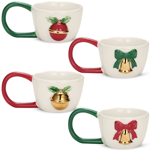 Kook Ceramic Christmas Mugs with Decorative Handles, 10 oz, Set of 4, Holiday Collection