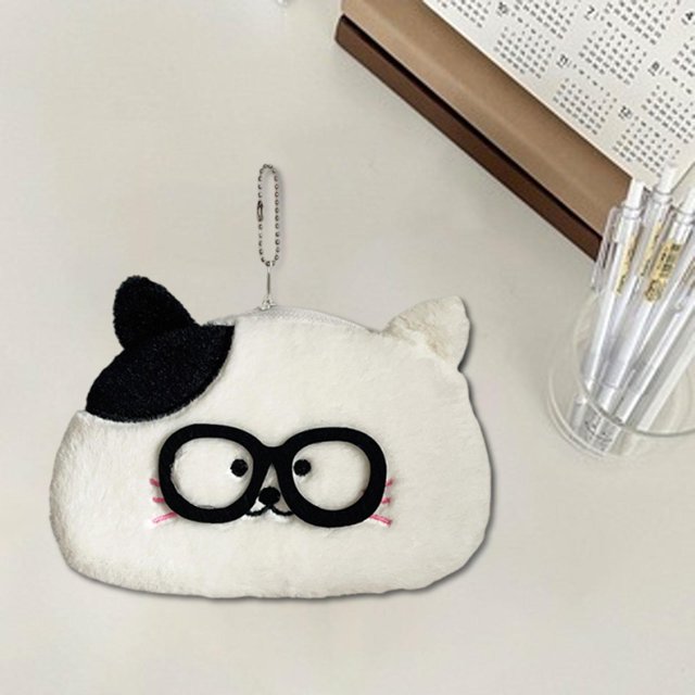 Estuche para lápices con forma de animal de peluche, bolsa de papelería con cierre de cremallera, adorable estuche de maquillaje para adolescentes y Gato de orejas negras