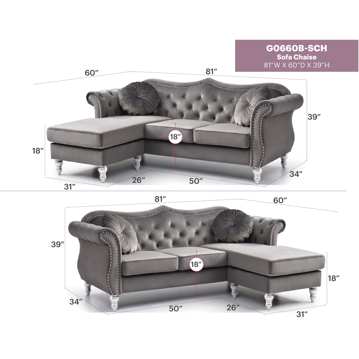 Glory Furniture Hollywood Velvet Sofa Chaise in Dark Gray