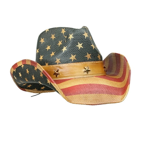 Men's Vintage Tea-Stained USA American Flag Cowboy Hat w/ Western Shape-It Brim, Classic Vintage American Flag Cowboy Hat - California Hat Co. Vamuss USA - Freedom.., By Vamuss
