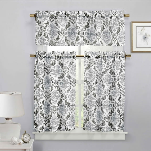 Black, White and Silver 3-Piece Sheer Window Curtain Set: Medallion Design, 2 Tiers, 1 Valance