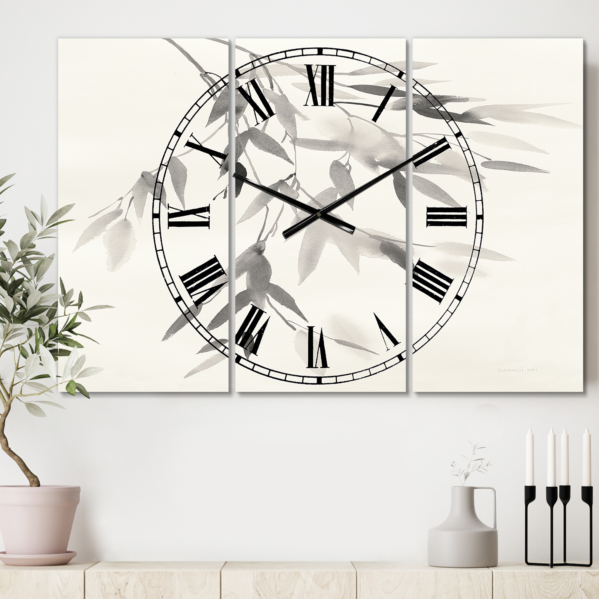 Simplist Bamboo Leaves IV' Cottage 3 Panels Oversized Metal Clock - 36 in. wide x 28 in. high - 3 panels