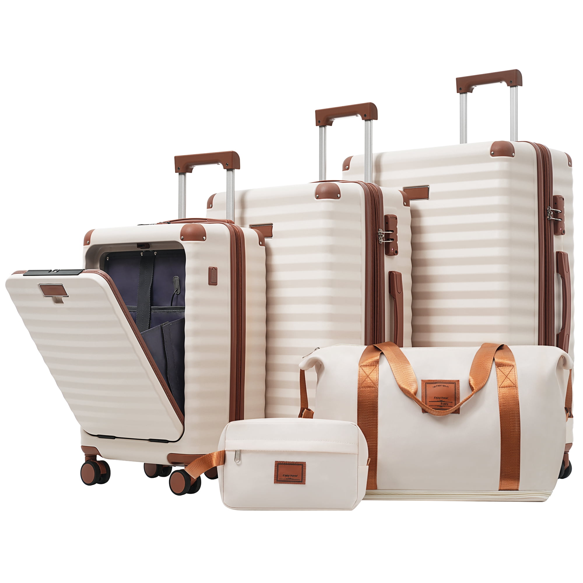 Luggage Sets 5 Piece with Front Opening , Hardside Expandable Carry on Suitcase with Spinner Wheels TSA Lock USB Port Cup Holder Duffel Bag and Toiletry Bag