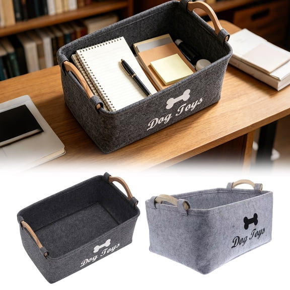 HomelyJoy Dog Toy Basket, Foldable Pet Storage Bin Box with Wooden Handles for Toys Blankets Leashes, Soft Felt Organizer for Home Travel, Light Gray, 1 Pack