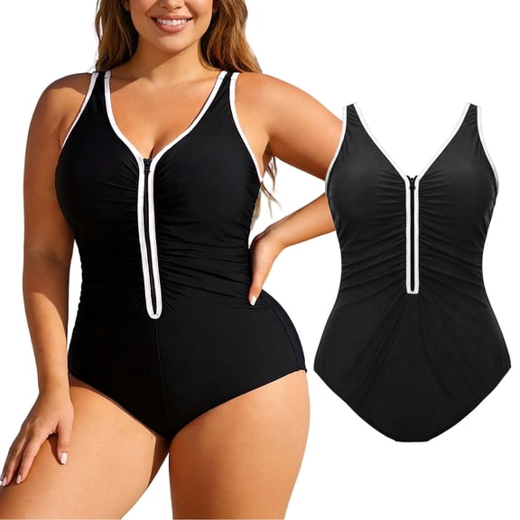 Women's One Piece Swimsuit Plus Size Swimsuit for Women Tummy Control Front Zipper Swimwear for Summer