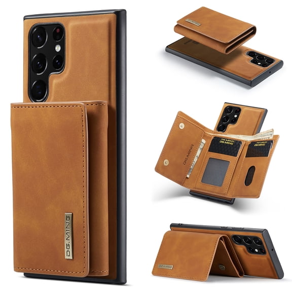 Case for Samsung Galaxy S24 Ultra, Wallet Phone Case with Detachable Card Holder for Samsung Galaxy S24 Ultra Kickstand Magnetic 2 in 1 Design Case, Premium PU Leather Shockproof Cover, Brown