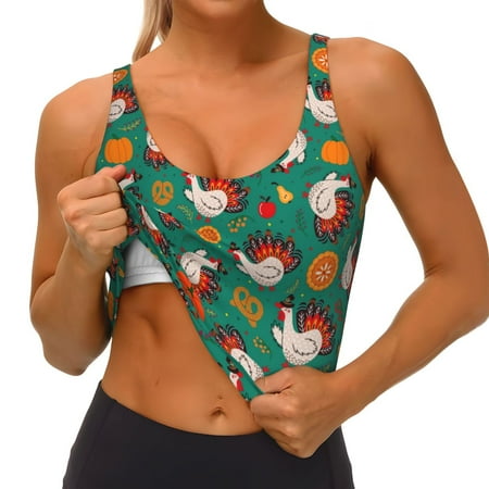 Qokaie Cartoon Turkey Pattern Womens Scoop Neck Sports Bra Breathable Workout Vest Padded U Back Medium Impact Fitness Gym Yoga Bra Workout Crop Top