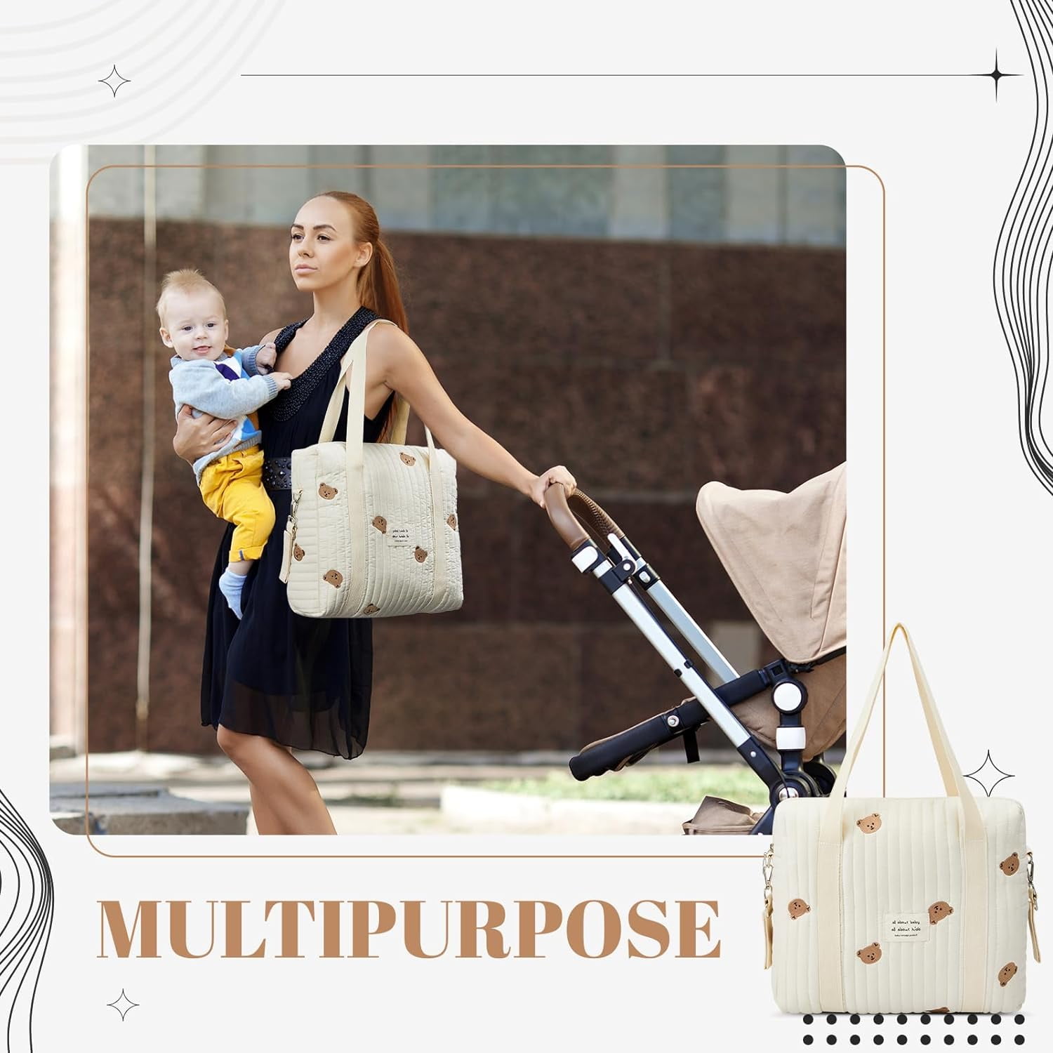 2 Pcs Diaper Bag Tote for Baby Small Multifunction Maternity Bag Quilted Cotton Cute Stroller Storage Bag Travel