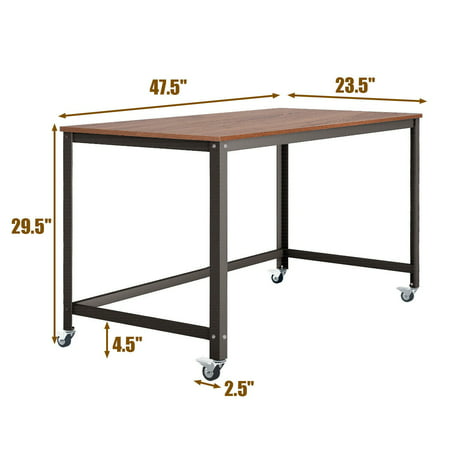 Rolling Computer Desk Metal Frame Pc Laptop Table Wood Top Study