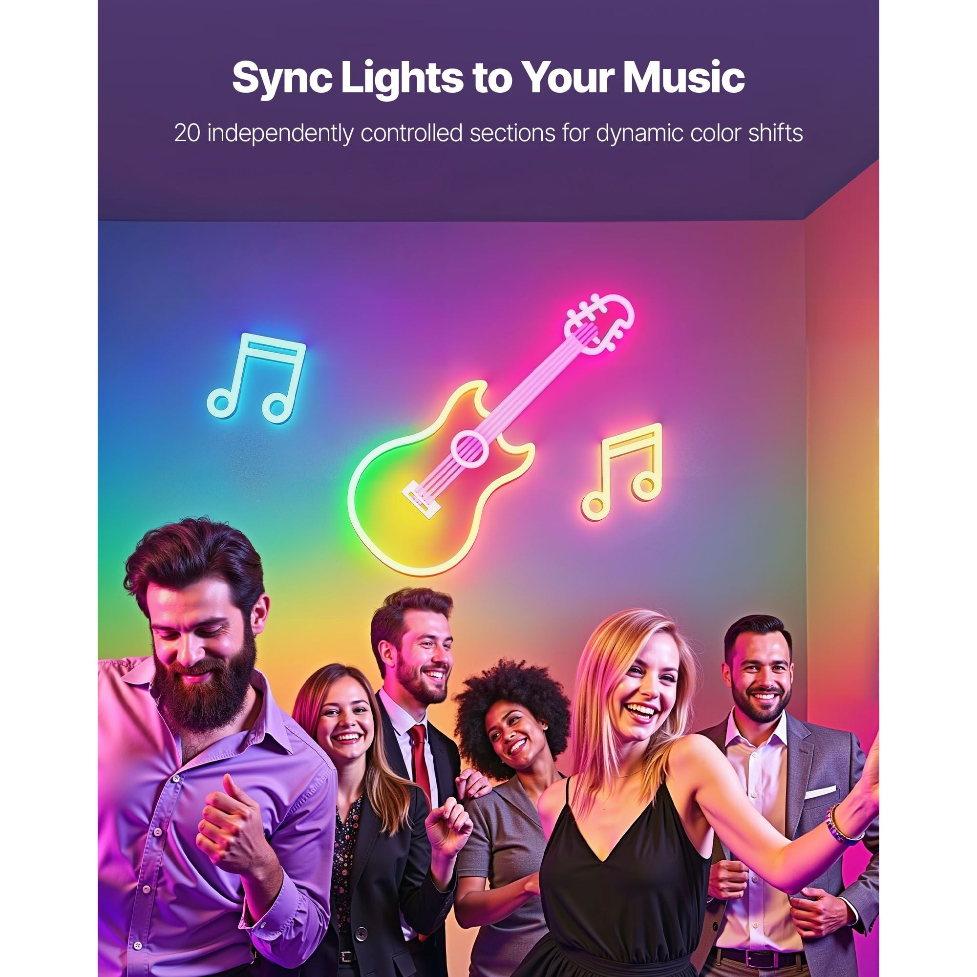 RGB-IC Neon Rope Light 16.4ft, 72 LEDs/m with 20 Controllable Segments, Music Sync Mode, Alexa and Google Assistant Compatible, IP65, Flexible PVC for Bedroom Decor